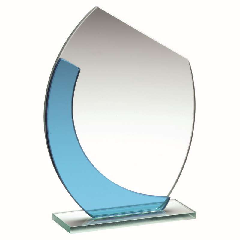 JADE/BLUE GLASS OVAL PLAQUE WITH ANGLED TOP – (4mm THICK) 5.5in