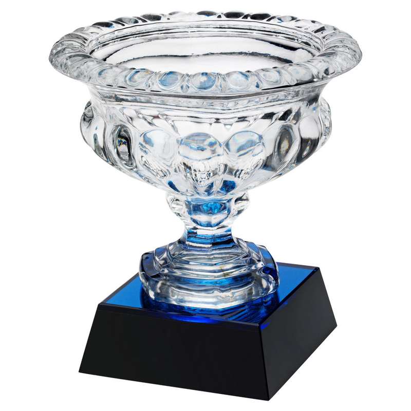 CLEAR GLASS BOWL ON BLUE/BLACK BASE (APPROX 7″ DIA) – 8.25in