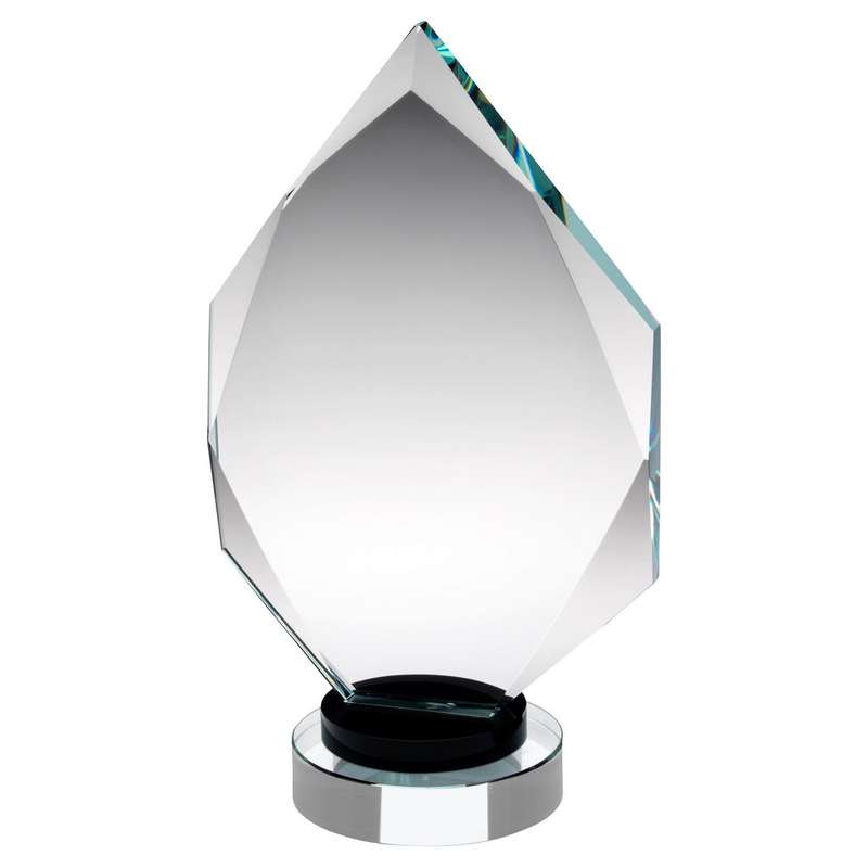 CLEAR GLASS DIAMOND ON BLACK AND CLEAR ROUND BASE (15mm THICK) – 8in