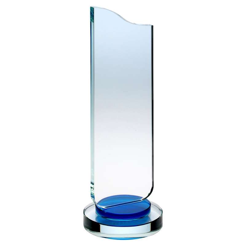 CLEAR GLASS PLAQUE WITH BLUE COLLAR ON ROUND BASE – 9.75in