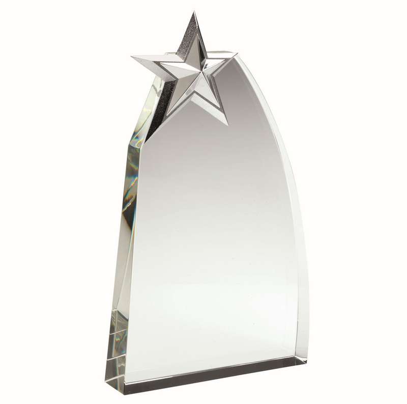 CLEAR GLASS WEDGE WITH DETAILED METAL STAR – 7.5in