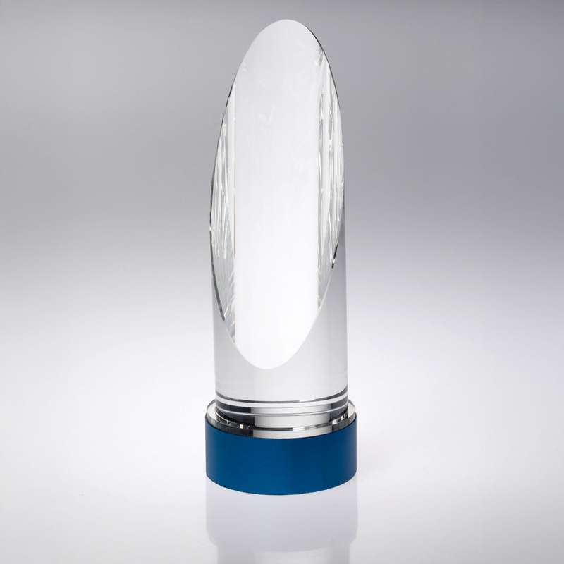 CLEAR GLASS ROUND COLUMN ON BLUE METAL BASE (70mm DIAMETER) – 8.5in