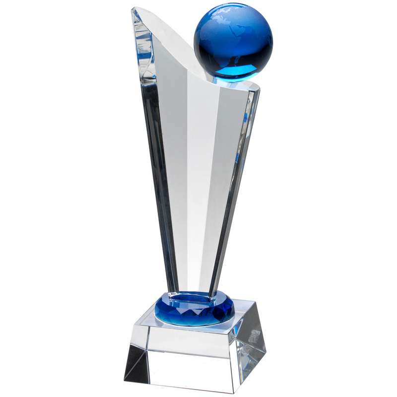 CLEAR/BLUE GLASS VICTORY PLAQUE WITH BLUE GLOBE – 8in