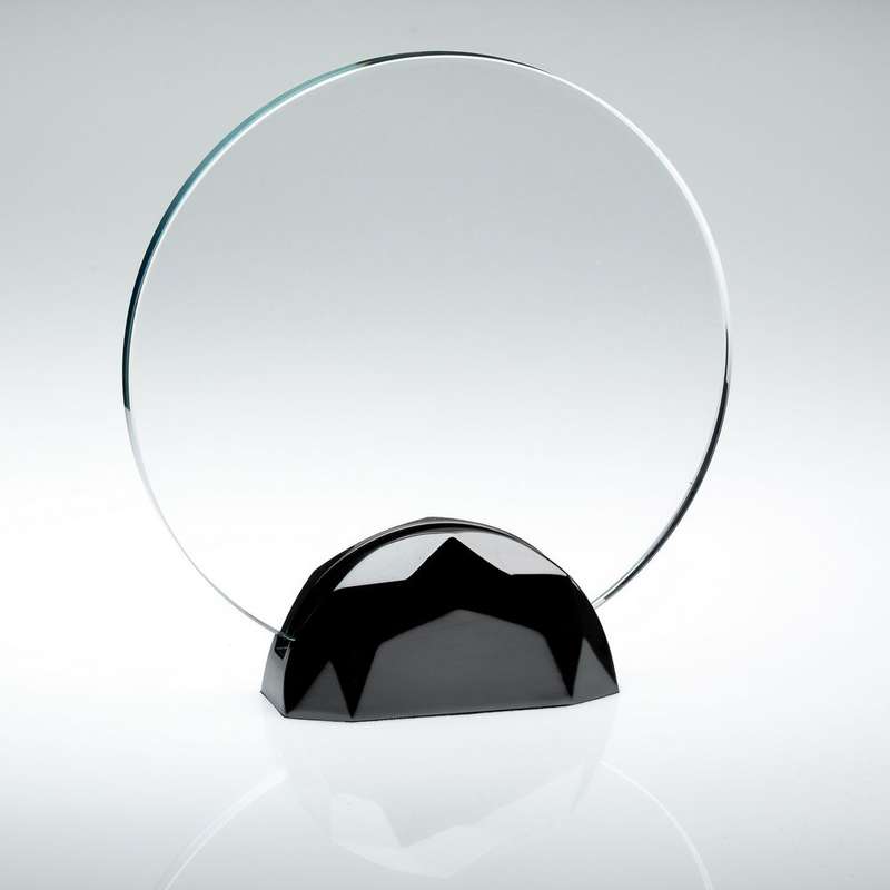 CLEAR GLASS ROUND PLAQUE (10mm THICK) IN GUN METAL BASE – 6.5in