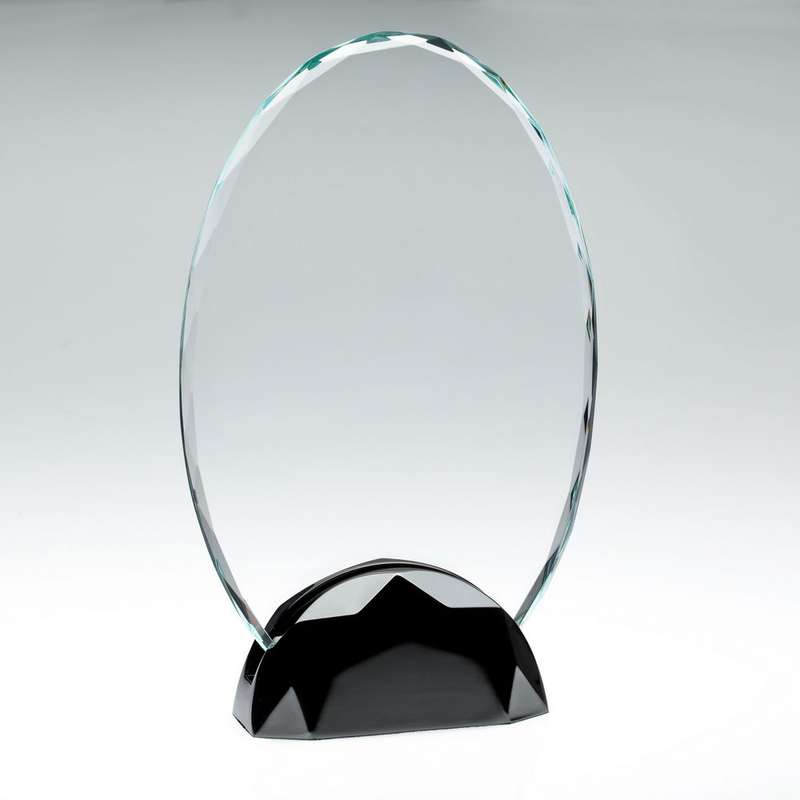 CLEAR GLASS OVAL PLAQUE (10mm THICK) IN GUN METAL BASE – 8in