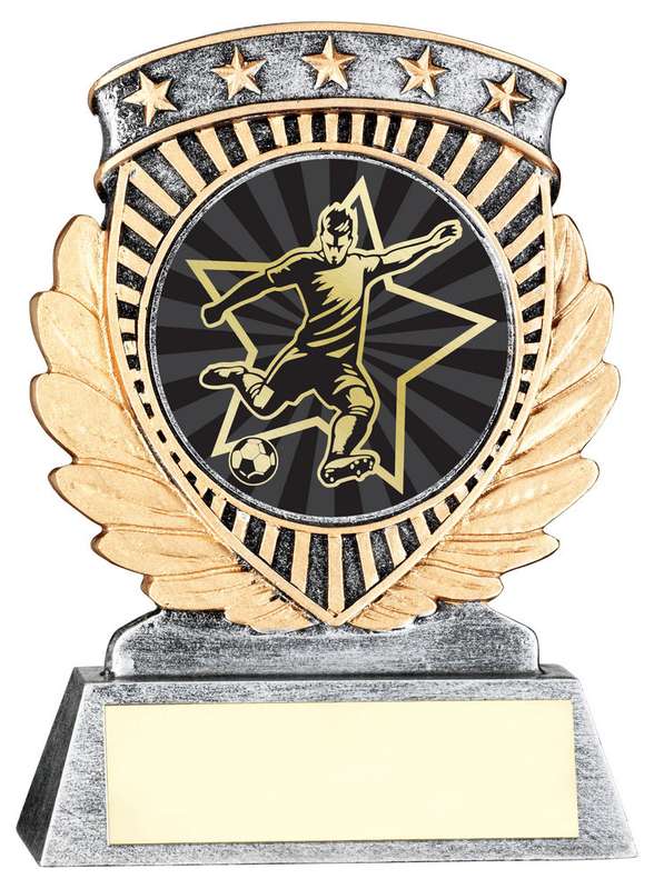 PEW/GOLD 5 STAR HOLDER WITH VINYL MALE FOOTBALL INSERT & PLATE – 3.75in