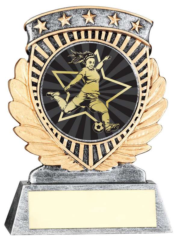 PEW/GOLD 5 STAR HOLDER WITH VINYL FEMALE FOOTBALL INSERT & PLATE – 3.75in