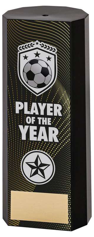BLACK PLASTIC FILLED COLUMN FOOTBALL PLAYER OF THE YEAR (1in CEN) – 6in