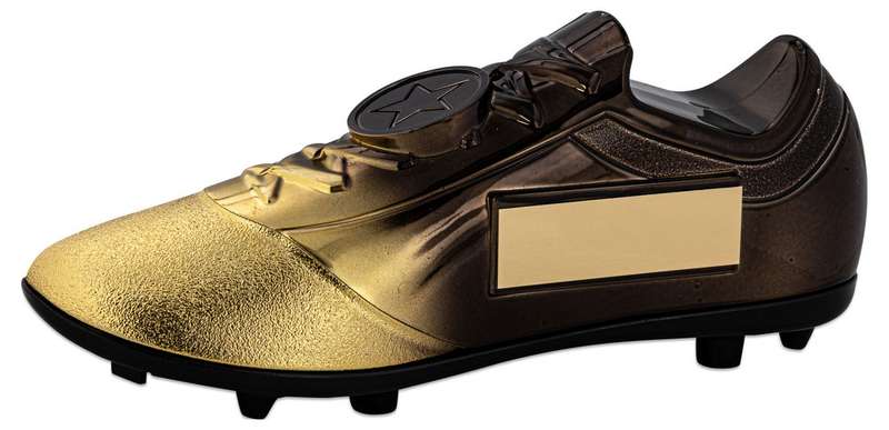 FILLED PLASTIC FOOTBALLL BOOT IN GOLD/BLACK WITH PLATE (1″ CEN) – 6.75 x 2.75in