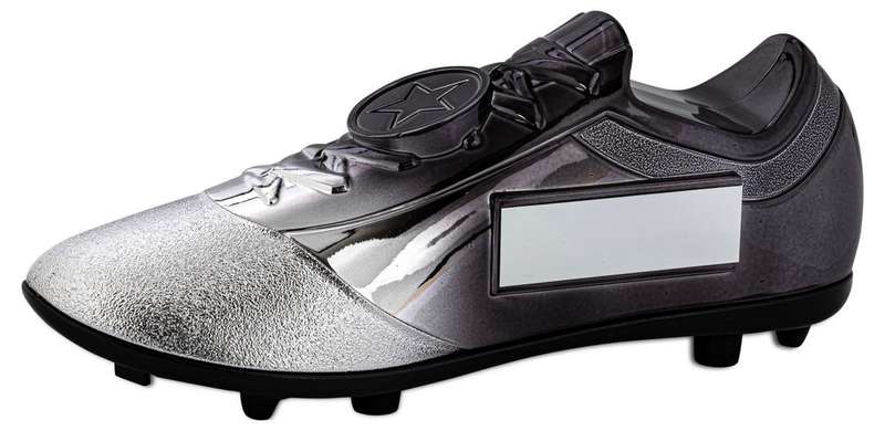 FILLED PLASTIC FOOTBALLL BOOT IN SILV/BLACK WITH PLATE (1″ CEN) – 6.75 x 2.75in