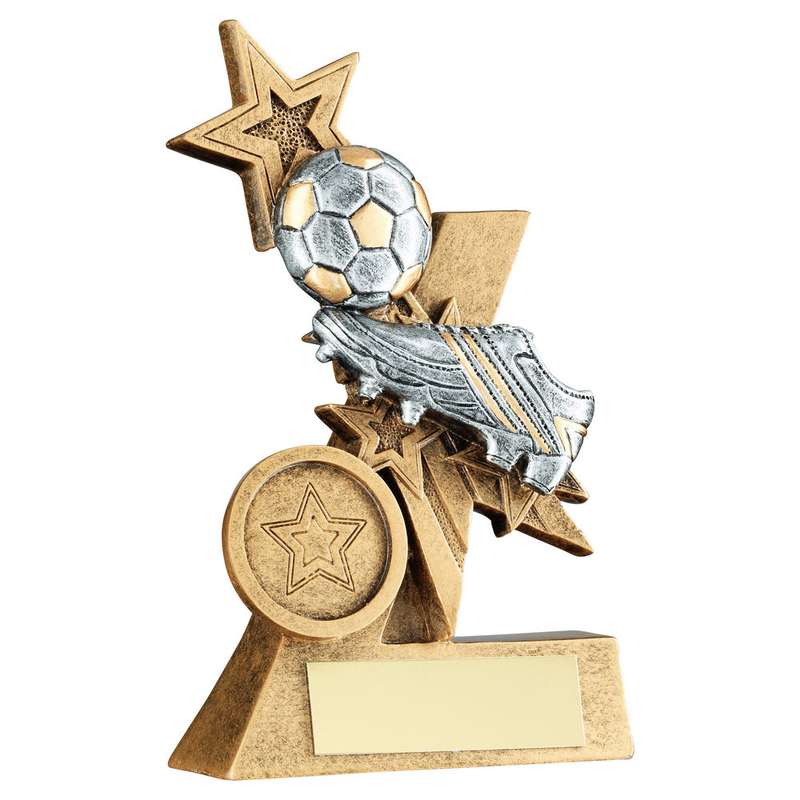 BRZ/PEW/GOLD FOOTBALL AND BOOT ON SHOOTING STAR WITH PLATE (1in CENTRE) – 4in