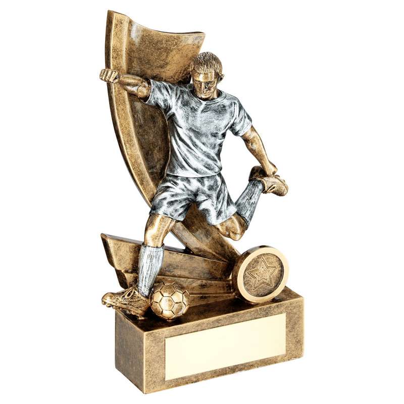 BRZ/PEW/GOLD MALE FOOTBALL FIGURE ON SWOOSH BACKDROP WITH PLATE(1in CEN) – 6″