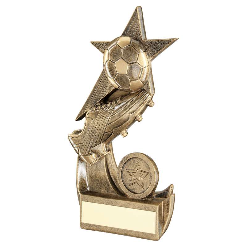 BRZ/GOLD FOOTBALL AND BOOT ON SHOOTING STAR WITH PLATE (1in CENTRE) – 4.5in