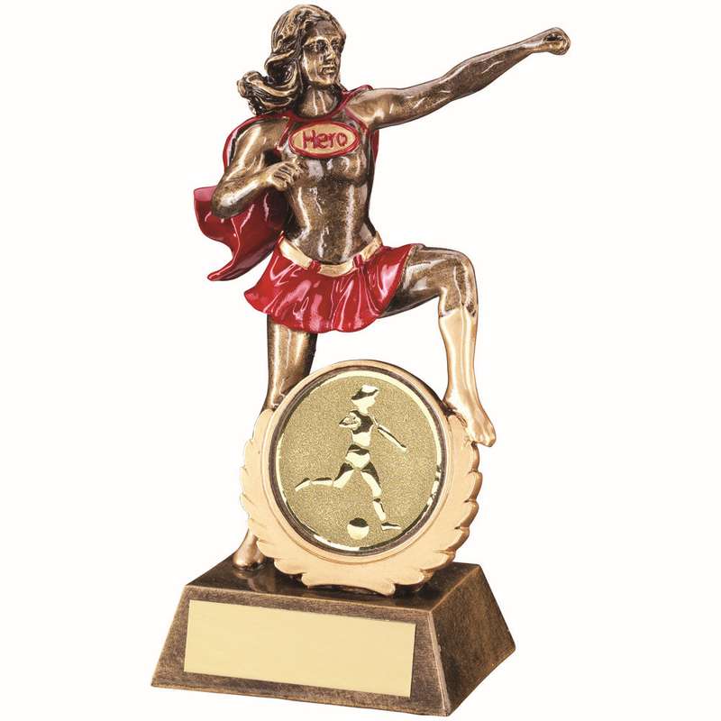 BRZ/GOLD/RED RESIN HERO AWARD WITH FEMALE FOOTBALL INSERT AND PLATE – 7.5in