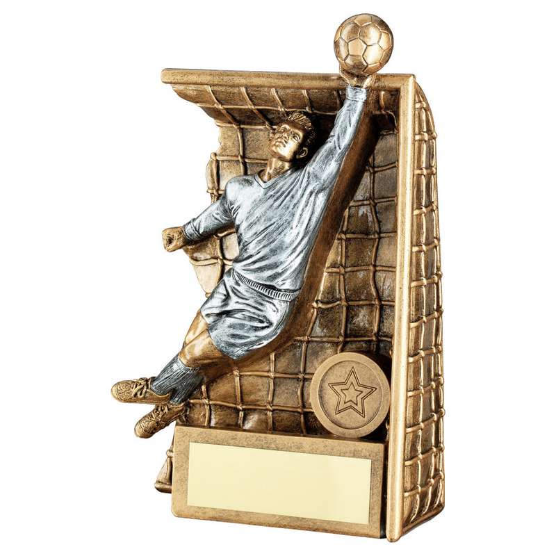 BRZ/PEW MALE KEEPER IN GOAL WITH PLATE (1in CENTRE) – 8in