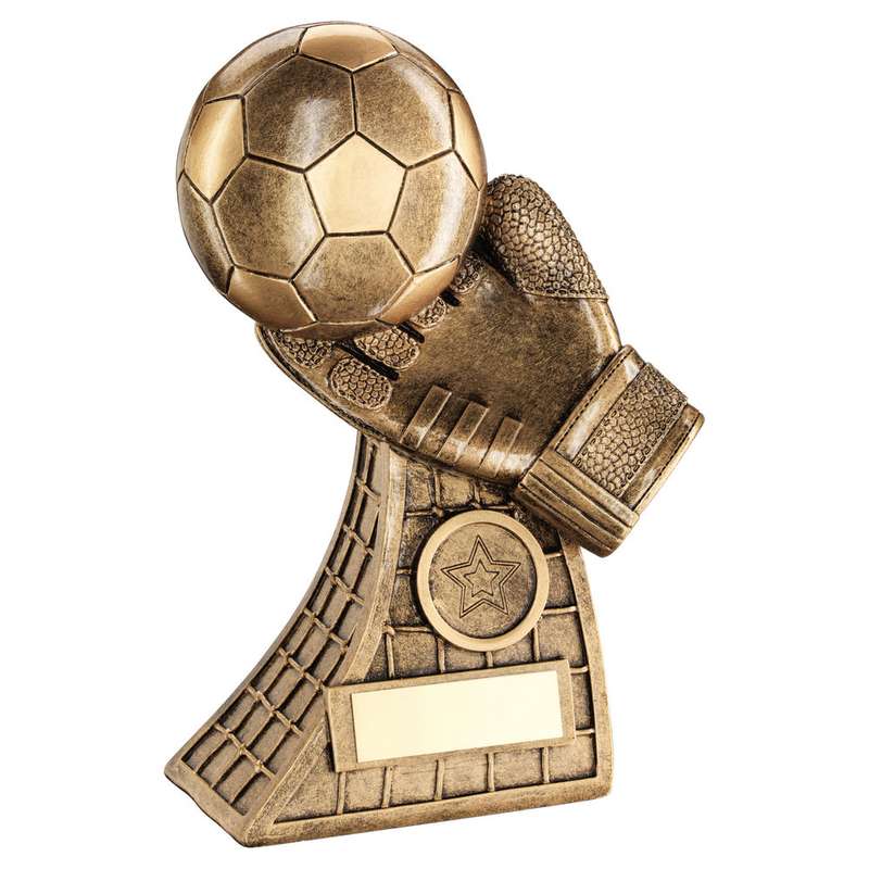 BRZ/GOLD FOOTBALL AND GOALKEEPER GLOVE ON NET BASE WITH PLATE (1in CEN) – 7.25in