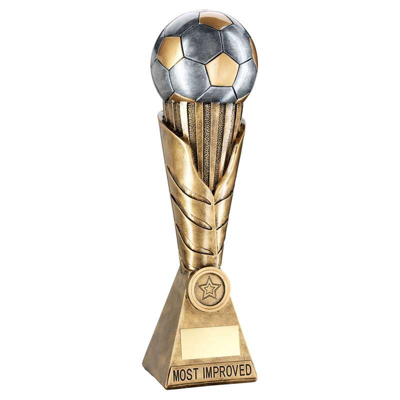 BRZ/PEW/GOLD FOOTBALL ON LEAF COLUMN WITH PLATE (1in CEN) MOST IMPROVED – 12″