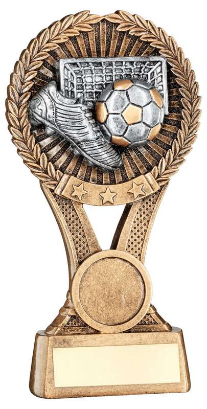 BRZ/GOLD/PEW FOOTBALL ROUND WREATH ON V RISER WITH PLATE (1in CEN) – 5in