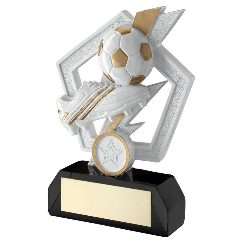 WHITE/GOLD/BLK FOOTBALL AND BOOT ON FLASH PENTAGON WITH PLATE (1in CEN) – 5.25in