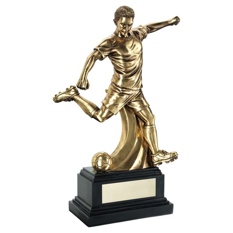 ANTIQUE GOLD PREMIUM MALE FOOTBALL FIGURE ON BLACK BASE WITH PLATE – 14in