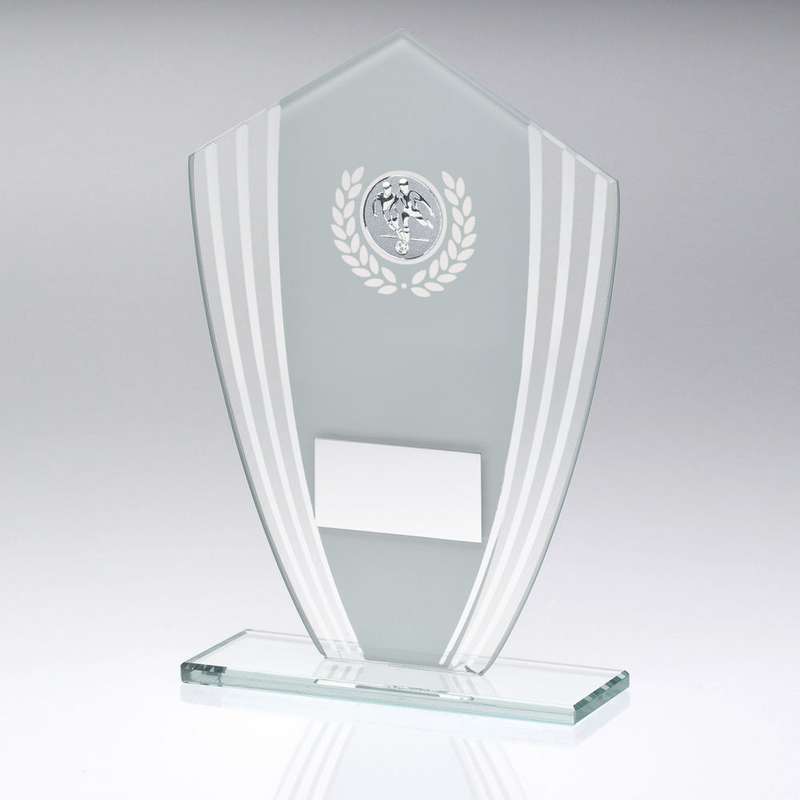 WHITE/SILVER GLASS SHIELD PLAQUE WITH FOOTBALL INSERT & PLATE - 6.5in