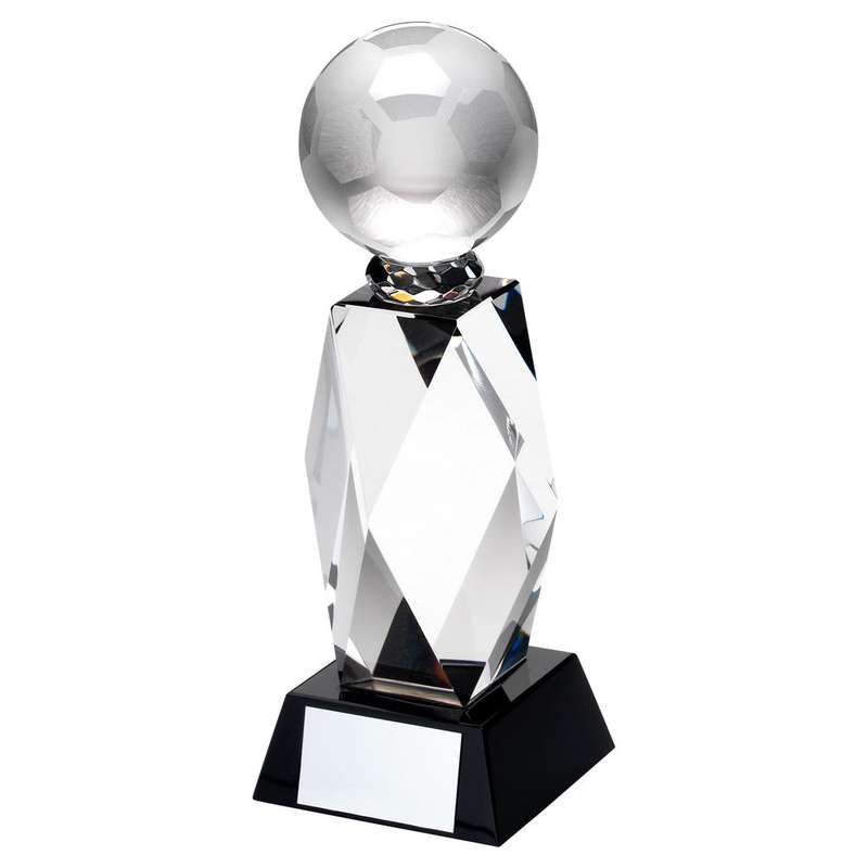 CLEAR GLASS COLUMN AND FOOTBALL ON BLACK BASE WITH PLATE – 6.5in