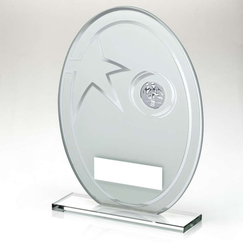WHITE/SILVER PRINTED GLASS OVAL WITH FOOTBALL INSERT AND PLATE – 6.5in