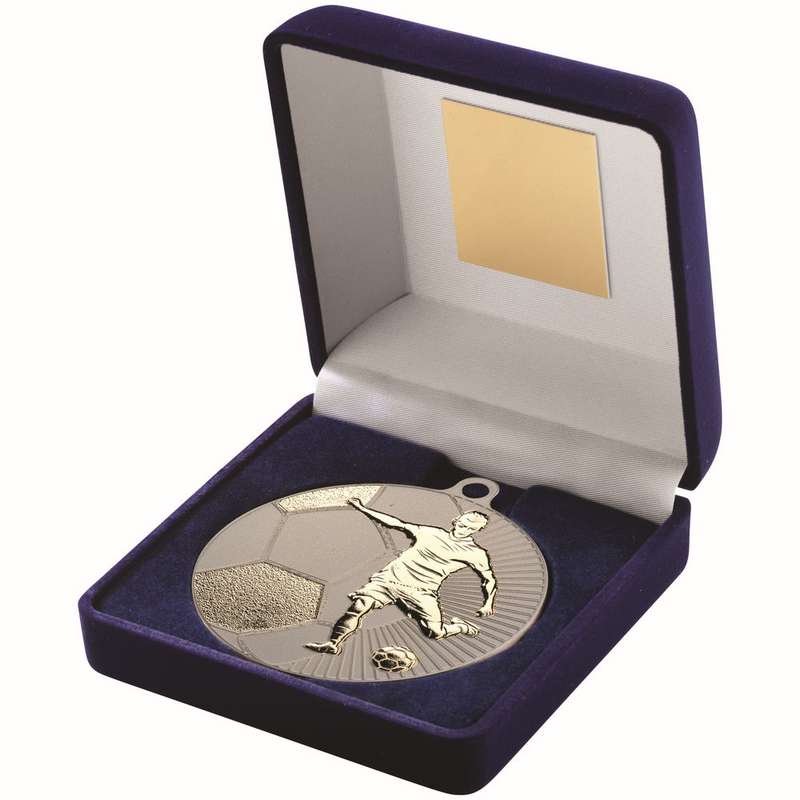 BLUE VELVET BOX AND 70mm FOOTBALL MEDAL TROPHY MATT SILVER/GOLD – 4in