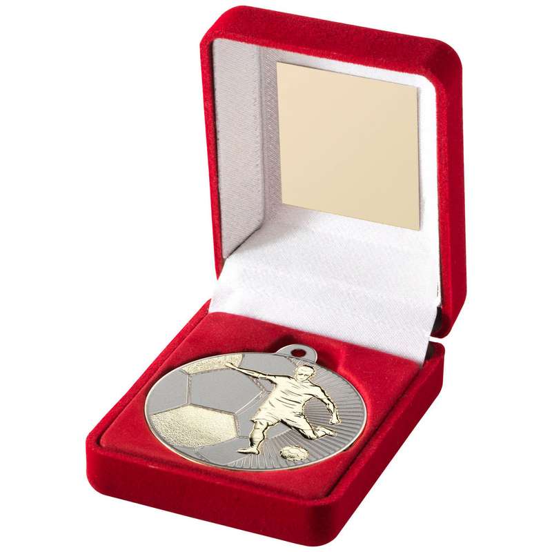 RED VELVET BOX AND 50mm FOOTBALL MEDAL TROPHY MATT SILVER/GOLD – 3.5in