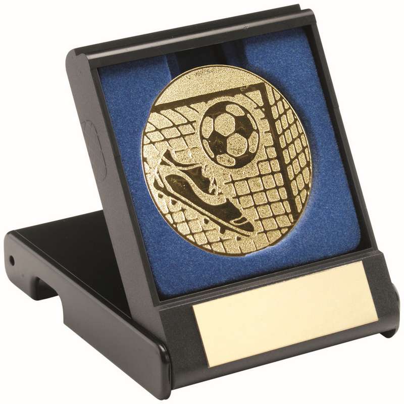 BLACK PLASTIC BOX WITH FOOTBALL INSERT TROPHY GOLD – 3.5in