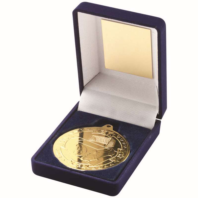 BLUE VELVET BOX AND 50mm MEDAL FOOTBALL TROPHY GOLD – 3.5in