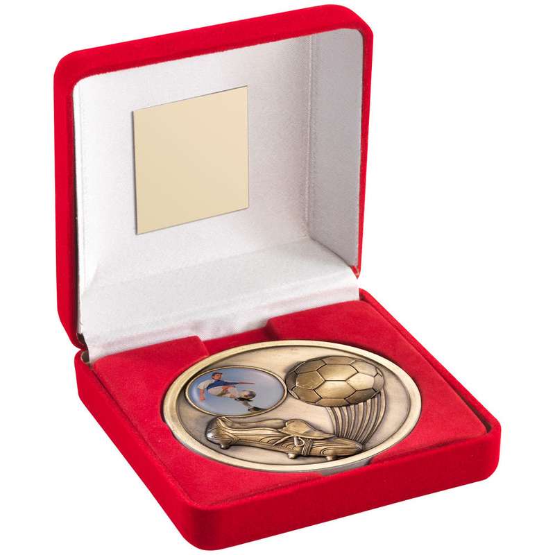 RED VELVET BOX AND 70mm MEDALLION FOOTBALL TROPHY (1″ CEN) ANTIQUE GOLD – 4in