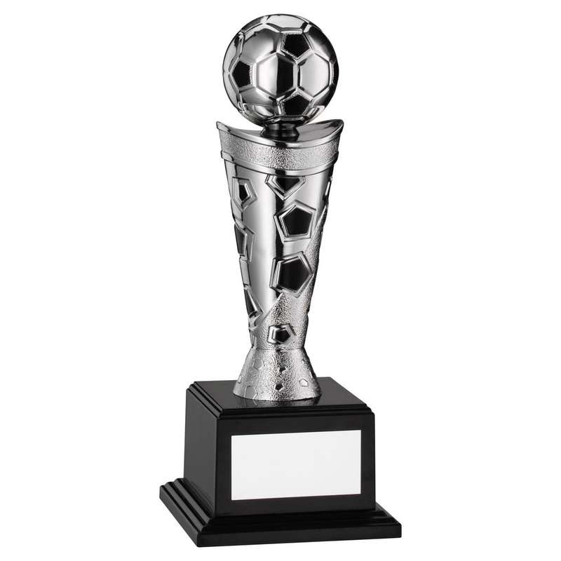 SILVER/BLACK PLASTIC FOOTBALL FIGURE ON BASE – 7.5in
