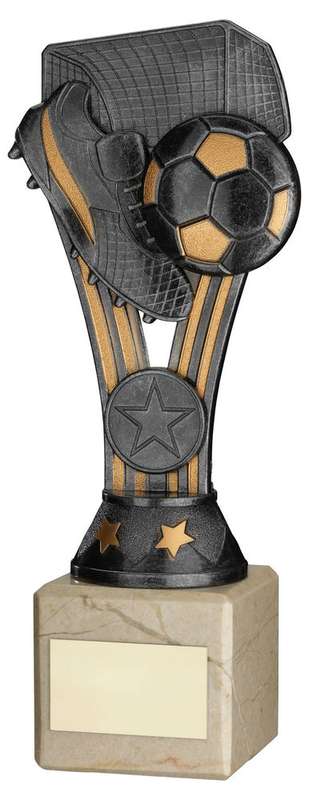 PEWTER/GOLD PLASTIC WEMBLEY FIGURE ON CREAM MARBLE TROPHY (1in CEN) – 6.75in