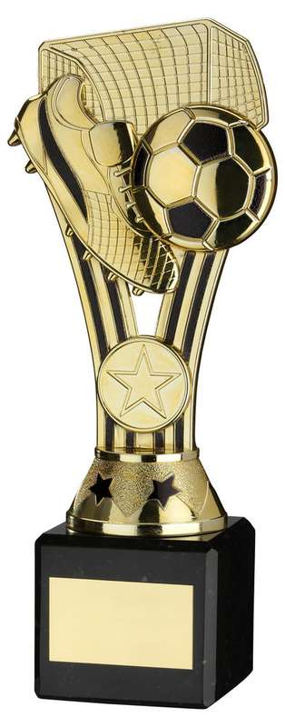 GOLD/BLACK PLASTIC WEMBLEY FIGURE ON BLACK MARBLE TROPHY (1in CEN) – 6.75in