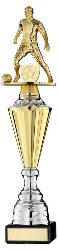 GOLD PLASTIC MALE FOOTBALL FIGURE ON GOLD/SILVER TROPHY (1in CEN) – 15.75in