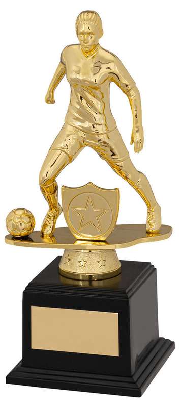 GOLD/BLACK PLASTIC FEMALE FOOTBALL FIGURE ON FILLED BASE (1in CEN) - 7.5in