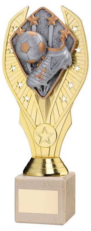 GOLD PLASTIC HOLDER + FOOTBALL DISC ON CREAM MARBLE TROPHY (1in CEN) - 7.75in