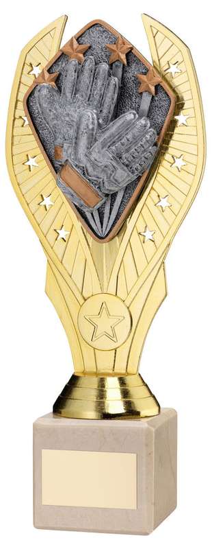 GOLD PLASTIC HOLDER + GOALKEEPER DISC ON CREAM MARBLE TROPHY (1in CEN) – 7.75in