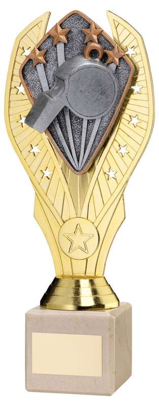 GOLD PLASTIC HOLDER + REFEREE DISC ON CREAM MARBLE TROPHY (1in CEN) – 7.75in