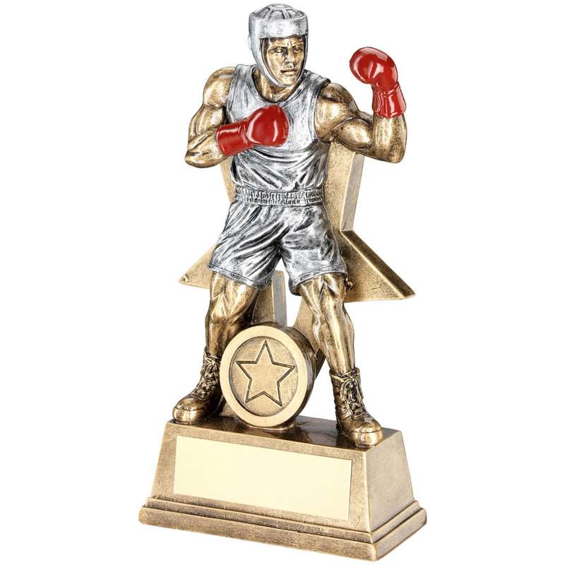 BRZ/PEW/RED MALE BOXING FIGURE WITH STAR BACKING WITH PLATE (1in CENTRE) – 6in