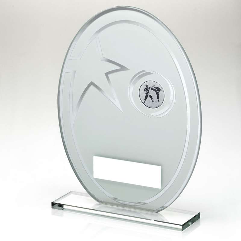 WHITE/SILVER PRINTED GLASS OVAL WITH KARATE INSERT AND PLATE – 6.5in