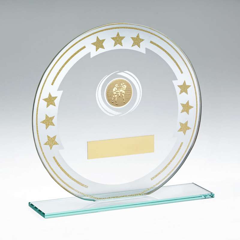 JADE/SILVER/GOLD ROUND GLASS WITH KICK BOXING INSERT AND PLATE – 5.5in