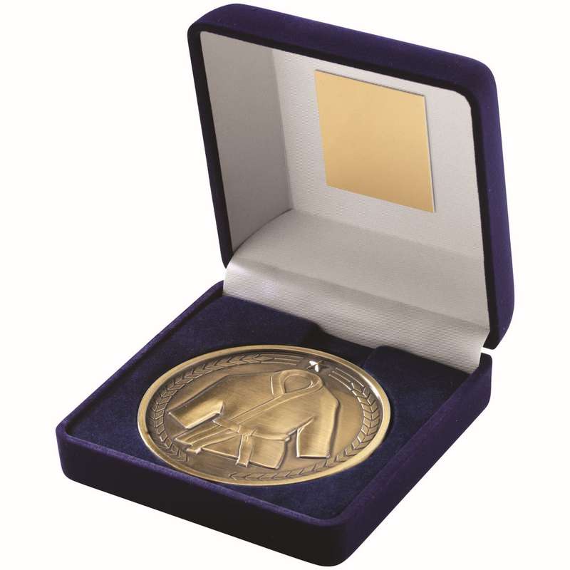 BLUE VELVET BOX AND 70mm MEDALLION MARTIAL ARTS TROPHY ANTIQUE GOLD – 4in