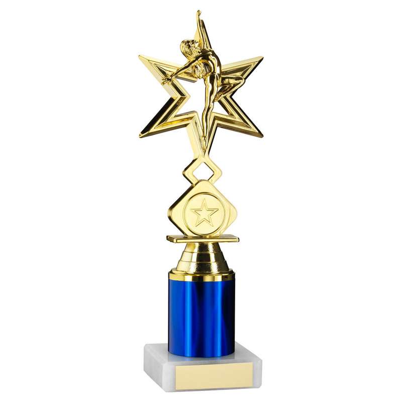 GOLD/BLUE DANCE/GYM STAR FIGURE ASSEMBLED ON MARBLE – (1″ CEN/1″ TUBE) 8in