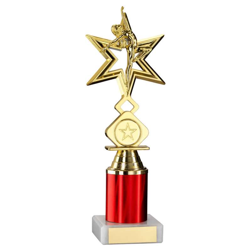 GOLD/RED DANCE/GYM STAR FIGURE ASSEMBLED ON MARBLE – (1″ CEN/1″ TUBE) 8in