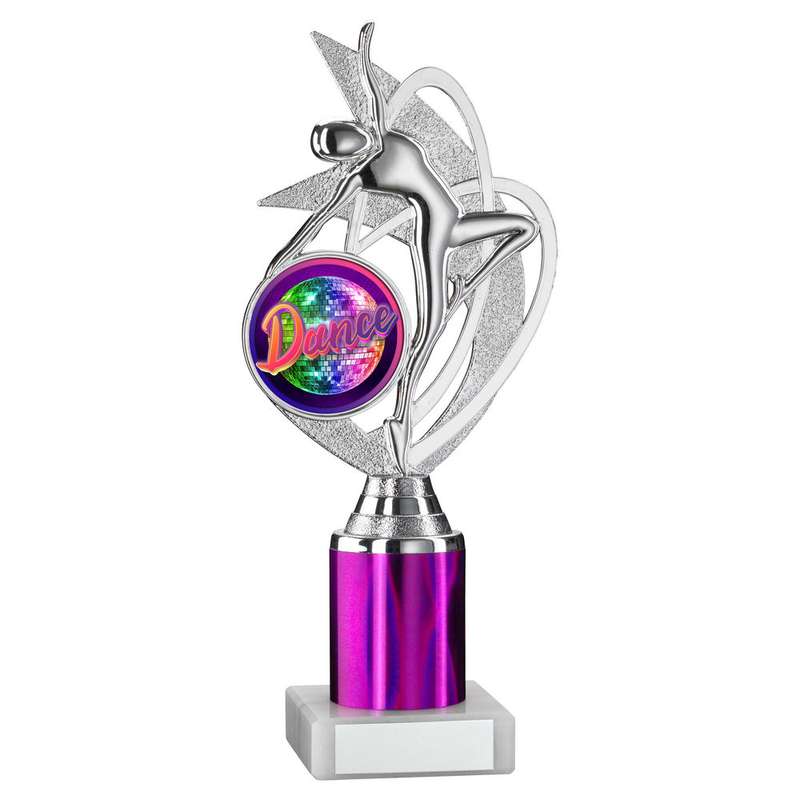 SILVER/PURPLE DANCE/GYM FIGURE ASSEMBLED ON MARBLE – (2″ CEN/1″ TUBE) 8in
