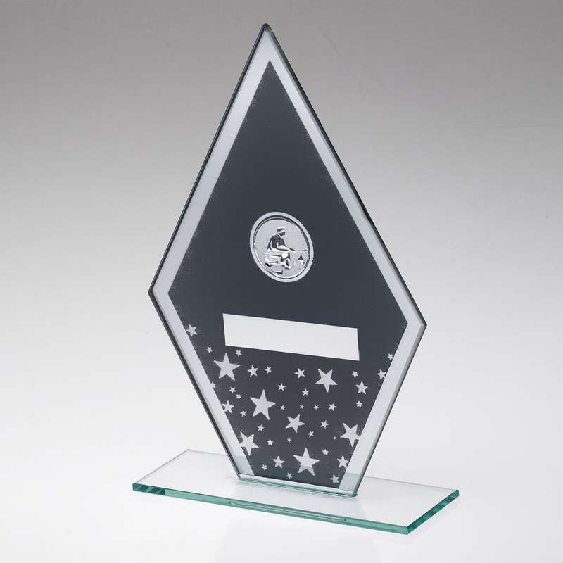 GREY/SILVER PRINTED GLASS DIAMOND WITH ANGLING CENTRE AND PLATE – 6.5in