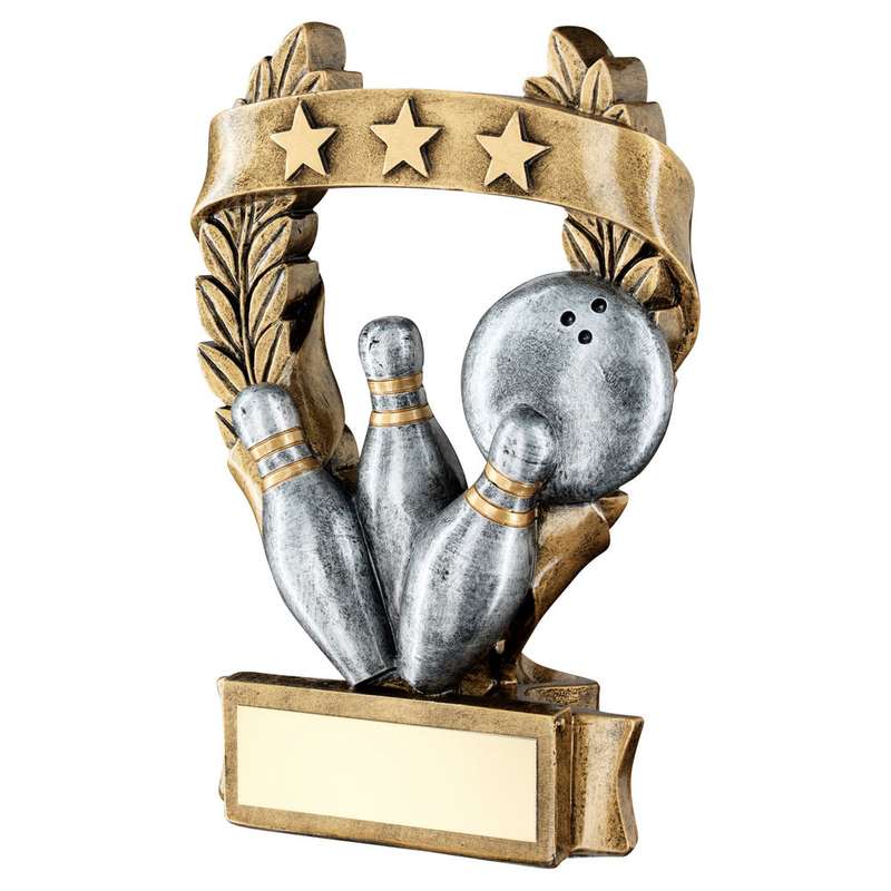 BRZ/PEW/GOLD TEN PIN 3 STAR WREATH AWARD WITH PLATE – 5in