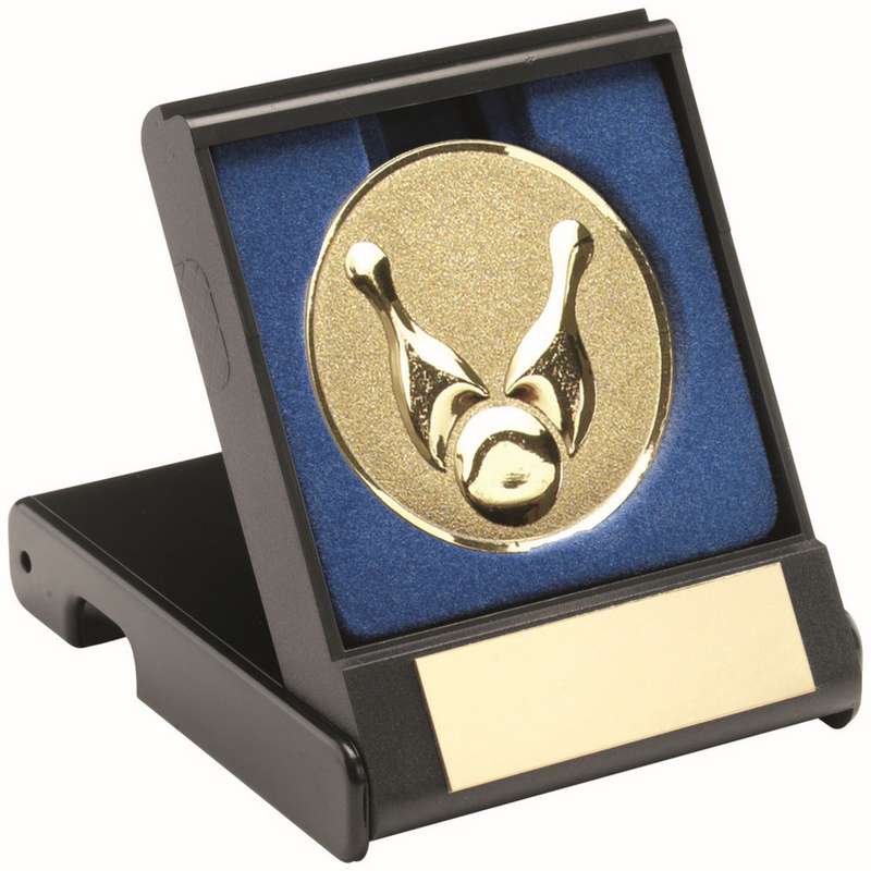 BLACK PLASTIC BOX WITH TEN PIN INSERT TROPHY GOLD – 3.5in